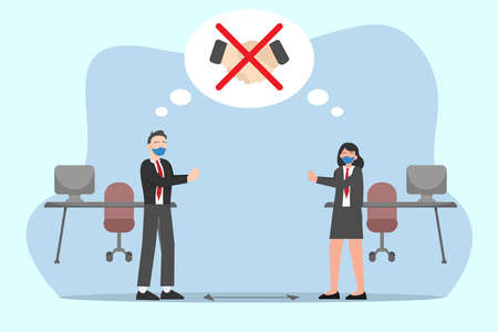 New normal vector concept: Young man and woman doing greeting with no shaking hands in the office while wearing face maskのイラスト素材