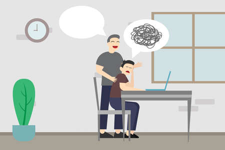 Teenage problem vector concept: Young father talks to his problem son at home with doodle and cloud speech over headのイラスト素材