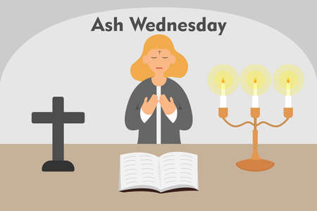 Ash wednesday vector concept. Christian woman praying with cross made of ashes on her forehead in the churchのイラスト素材