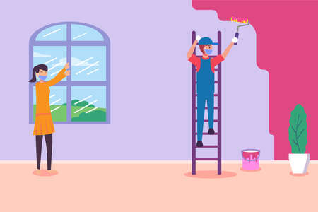 Woman in face mask giving order on repairman for painting the wallのイラスト素材