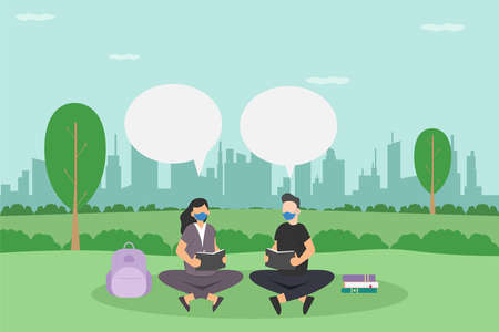 College student in face mask reading books together while sitting at the park. New Normal vector conceptのイラスト素材