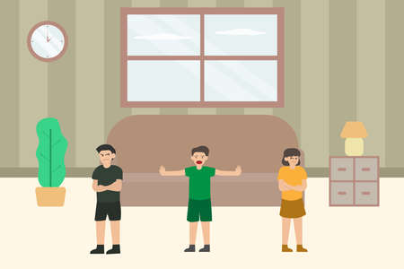 Fighting vector concept: Little boy breaking up quarrel of his friends while standing at homeのイラスト素材