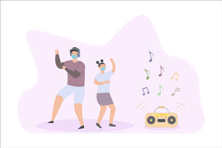 Happy teenager listening music on the radio while dancing and wearing face maskのイラスト素材