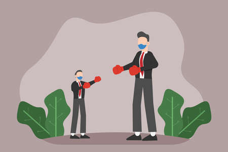 Business competition vector concept: Young businessman fighting with little boy while wearing gloves and face maskのイラスト素材