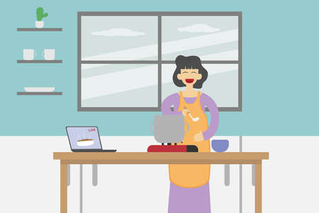 Hobby vector concept: Young woman watching video on laptop while learn cooking in the kitchenのイラスト素材