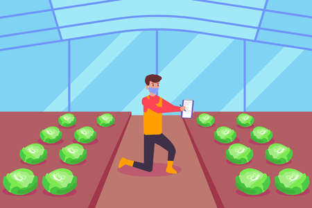 Greenhouse vector concept: Young farmer checking plantation with clipboard while wearing face maskのイラスト素材