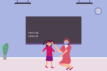 School in new normal vector concept: Schoolgirl crying in front of the class while her teacher accompany herのイラスト素材