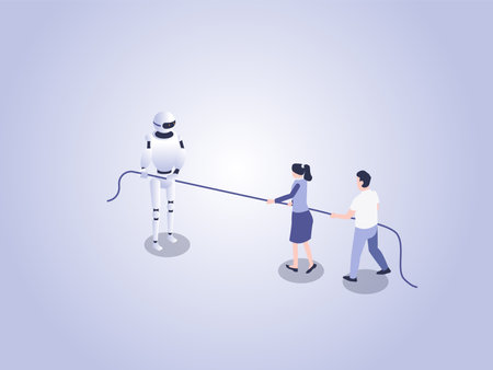 Robot competing in tug of war competition with business people. Isometric vector conceptのイラスト素材
