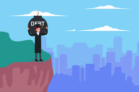 Stressed student with debt on the edge of a cliff 2D flat vector concept for banner, website, illustration, landing page, flyer, etcのイラスト素材