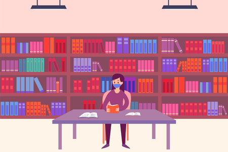 Woman wearing face mask in a library 2D flat vector concept for banner, website, illustration, landing page, flyer, etcのイラスト素材