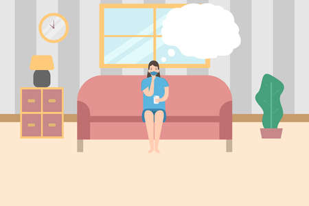 Quarantine vector concept: Young woman chatting on smart phone with cloud speech over her headのイラスト素材
