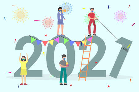 Group of people wearing face mask while preparing new year of 2021のイラスト素材