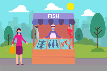 Fish stall 2D flat vector concept for banner, website, illustration, landing page, flyer, etcのイラスト素材