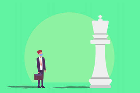 Businessman in face mask looking at white chess king. Business winner concept.のイラスト素材