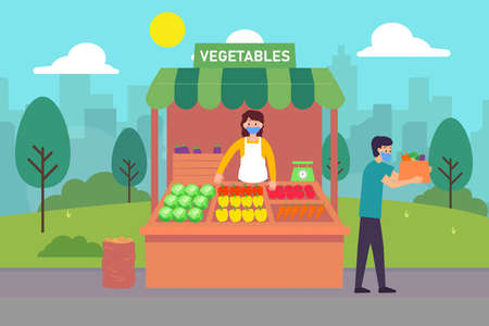 Fruit and vegetables stall 2D flat vector concept for banner, website, illustration, landing page, flyer, etcのイラスト素材