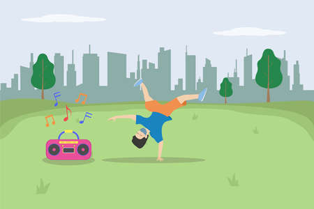 Young man in face mask breakdancing at the park while listening music on the radioのイラスト素材