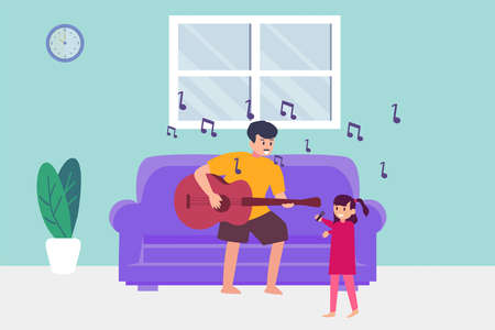 Quality time vector concept: Young father and little daughter singing a song together while enjoying leisure timeのイラスト素材