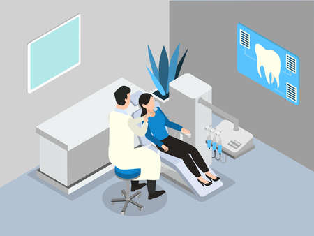 Male dentist examining teeth of female patient in the clinic. Isometric vector conceptのイラスト素材