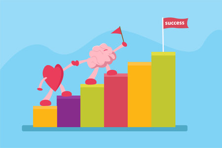 Brain cartoon character leading heart to climbing the graph and gain the success flagのイラスト素材