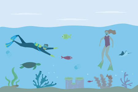 Summer holiday vector concept: Young couple swimming underwater together while enjoying summer holidayのイラスト素材
