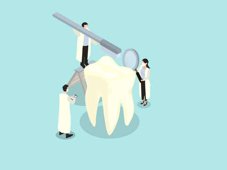 Group of dentist cleaning a tooth with a toothbrush. Isometric vector conceptのイラスト素材