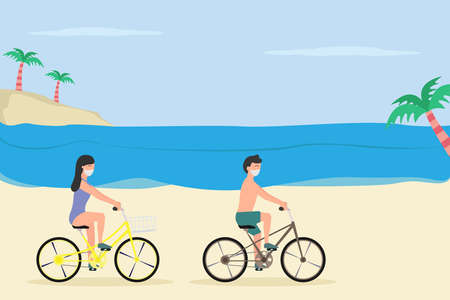 Holiday in new normal vector concept: Young couple cycling together in the beach while enjoying leisure timeのイラスト素材