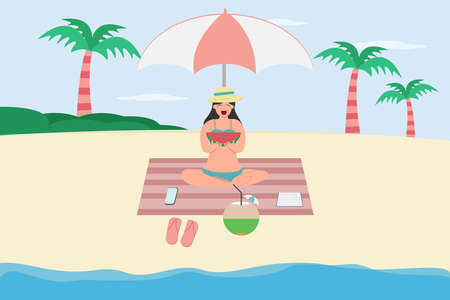 Summer holiday vector concept: Young woman eating fresh watermelon while sitting under the umbrella in the beachのイラスト素材