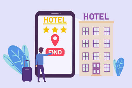 Application vector concept: Young man finding hotel on mobile phone application while touching the screenのイラスト素材