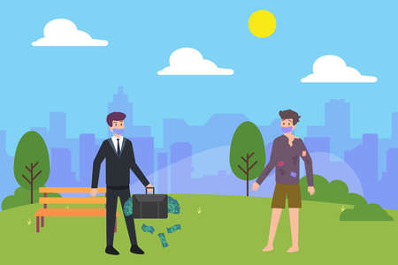 Rich and poor vector concept: Rich man carrying much money inside his briefcase and poor man dose not have any money while standing together in the parkのイラスト素材