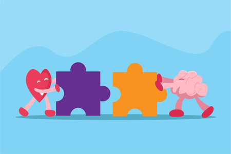 Heart and brain cartoon character connecting puzzle symbol of teamwork, cooperation, partnership.のイラスト素材