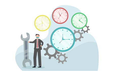 Businessman with face mask stands next to a wrench 2D flat vector concept for banner, website, illustration, landing page, flyer, etc.のイラスト素材