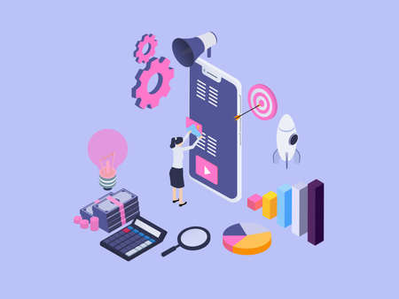 Content marketing isometric vector concept. Businesswoman adjusting website content marketing on mobile phoneのイラスト素材