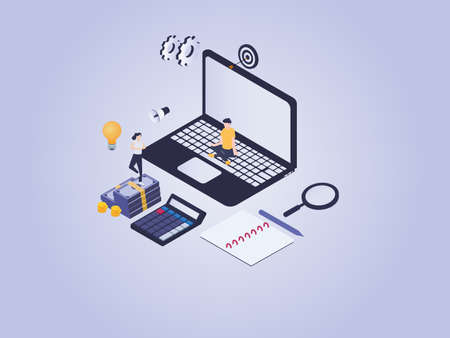 Financial management isometric vector concept. Man and woman meditating on money and laptop with calculator, notebook, magnifying, light bulb, and gears.のイラスト素材