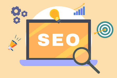 Search Engine Optimization vector concept. Laptop computer with SEO text, magnifying glass,...