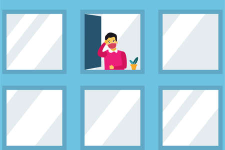 Quarantine vector concept: Young man feels bored doing self isolation at home while looking out of the windowのイラスト素材