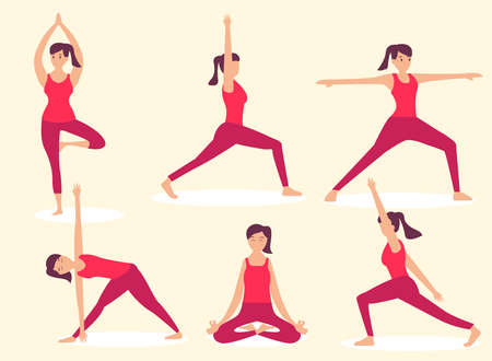 Woman with yoga positions 2D flat vector concept for banner, website, illustration, landing page, flyer, etc.のイラスト素材