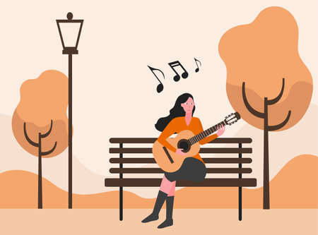 Woman plays guitar on at park 2D flat vector concept for banner, website, illustration, landing...