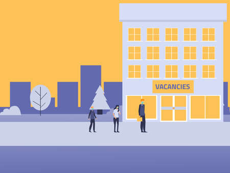 Job search vector concept. Worker candidates in face mask standing in queue for a job interviewのイラスト素材