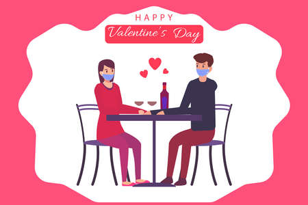 Cartoon couple wearing face mask enjoy romantic date drink wine together celebrate valentine's dayのイラスト素材