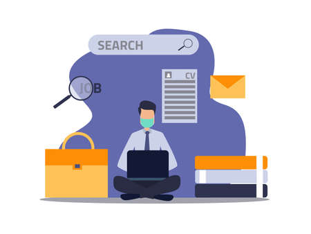 Job search vector concept. Businessman in face mask looking for new vacancies on website page with laptop computerのイラスト素材