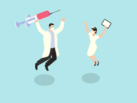 Happy doctor and nurse jumping isometric 3d vector concept for banner, website, illustration, landing page, flyer, etc.のイラスト素材