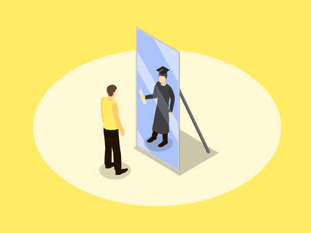 Young man looking at his future self graduated isometric 3d vector concept for banner, website, illustration, landing page, flyer, etc.のイラスト素材
