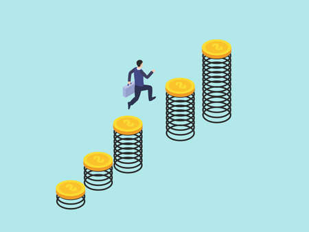Businessman jumping on upward trend coins isometric 3d vector concept for banner, website, illustration, landing page, flyer, etc.のイラスト素材