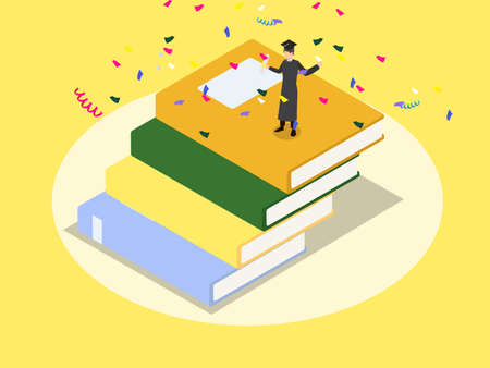 Happy graduated student on top of books isometric 3d vector concept for banner, website, illustration, landing page, flyer, etc.のイラスト素材