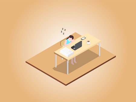 Female student asleep while working isometric 3d vector concept for banner, website, illustration, landing page, flyer, etc.のイラスト素材