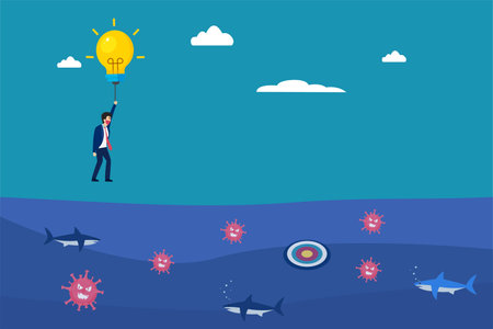Business risk vector concept. Businessman flying with light bulb to reach target above shark and virus on the seaのイラスト素材