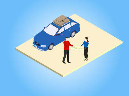 Roadtrip couple looking at map isometric 3d vector concept for banner, website, illustration, landing page, flyer, etc.のイラスト素材