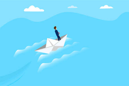 Businessman riding boat on the sea while looking forward. Business challenge vector conceptのイラスト素材