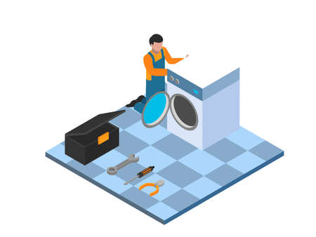 Technician fixing washing machine isometric 3d vector concept for banner, website, illustration, landing page, flyer, etc.のイラスト素材