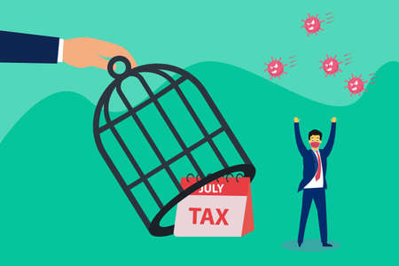 Tax free vector concept: Young businessman feeling free from tax while wearing face mask and come out from birdcageのイラスト素材